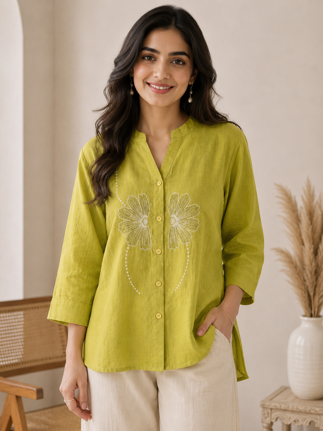Mahendi Green V Neck Top