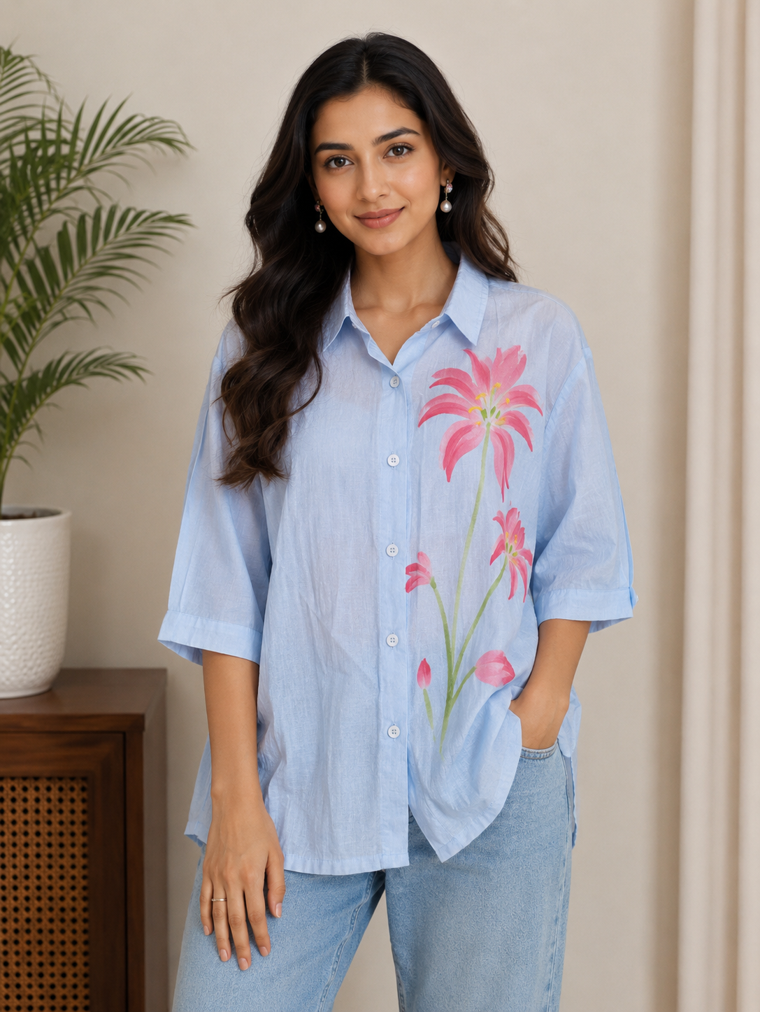 Skyblue Pink Flower Print Shirt