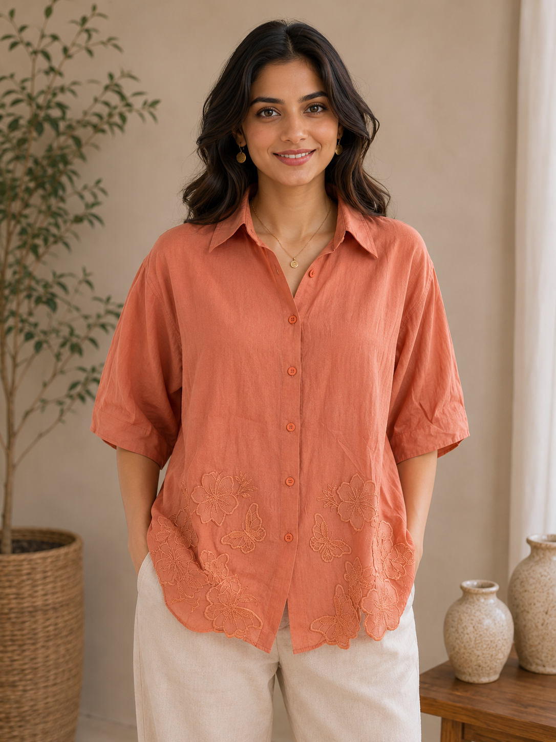 Brick Red Embroidery Shirt