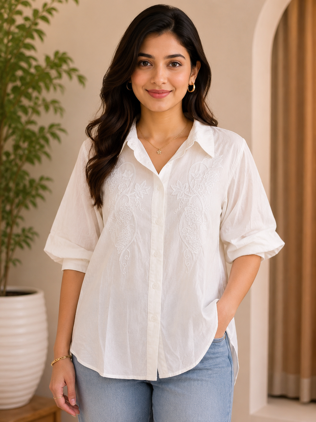 White Self Embroidery Shirt[