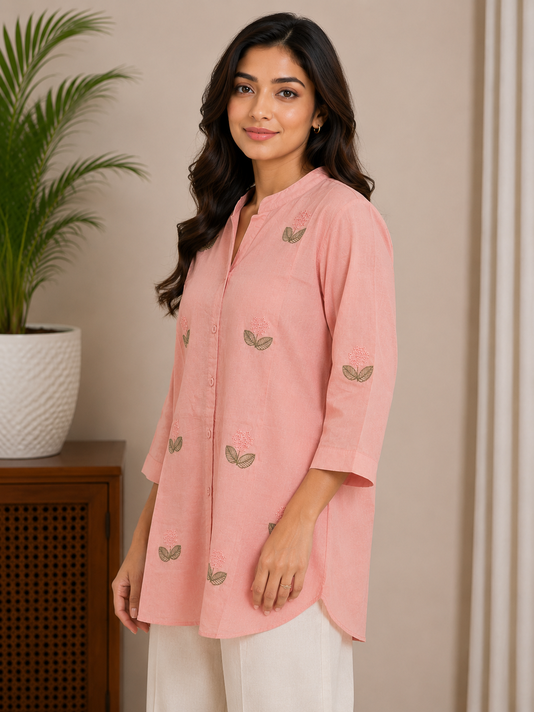 Dusty Peach Leaf Embroidery Shirt