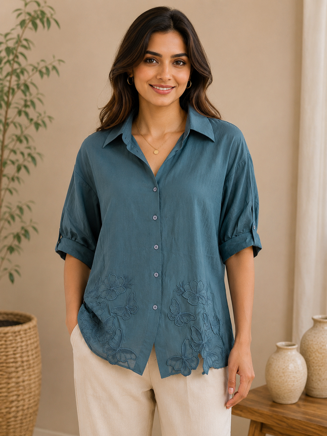 Teal Blue Embroidery Shirt