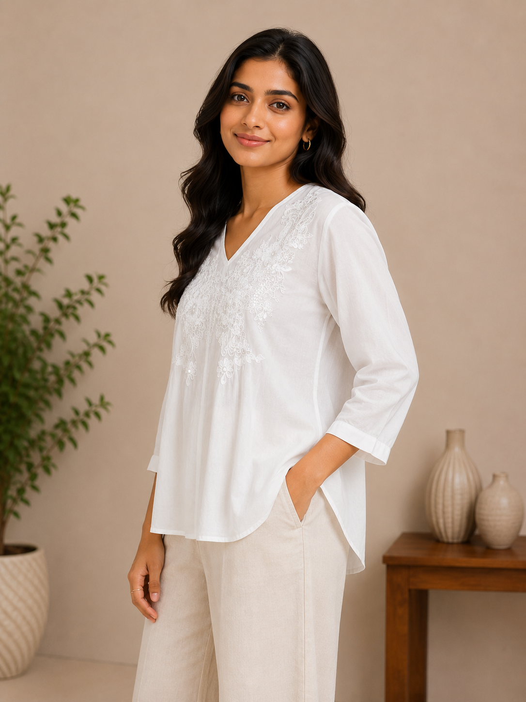 White V Neck Pearl Work Top