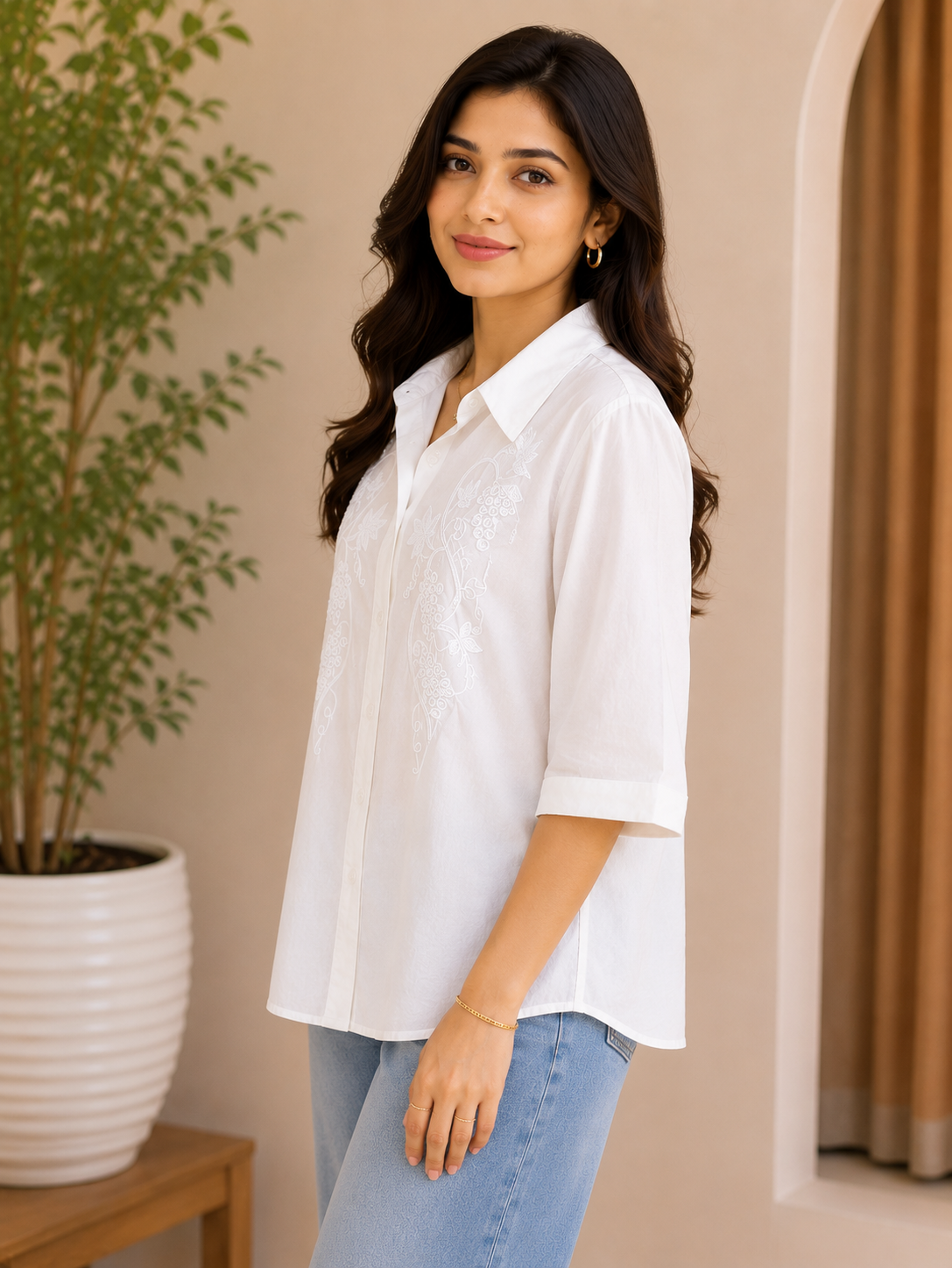 White Self Embroidery Shirt[