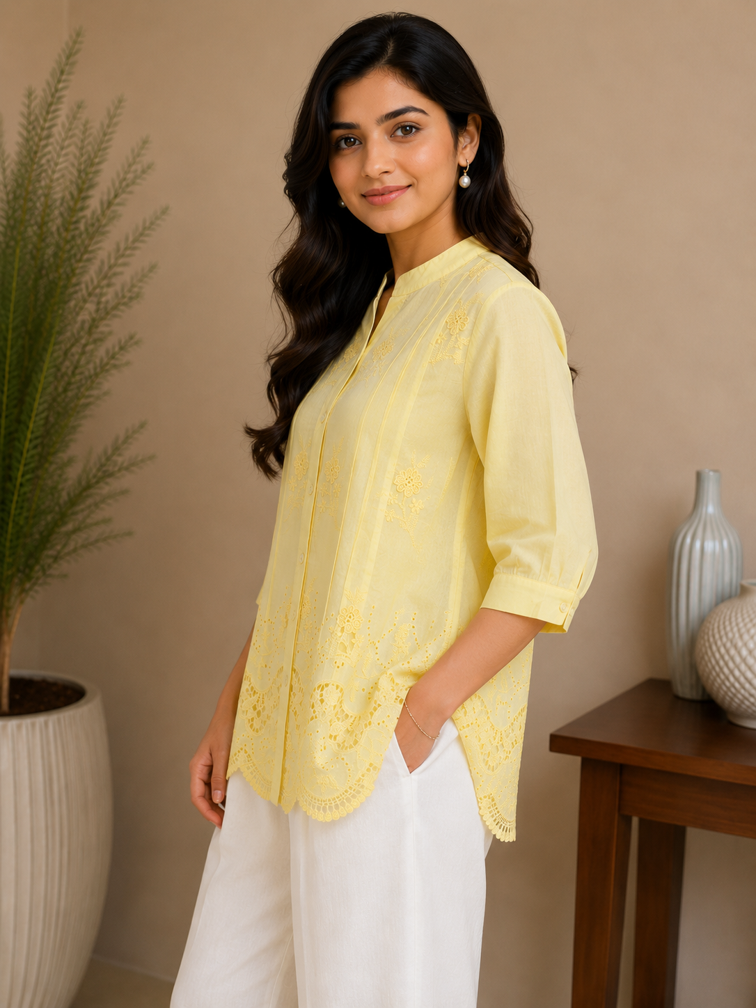 Milky Yellow Chinese Collar Shirt