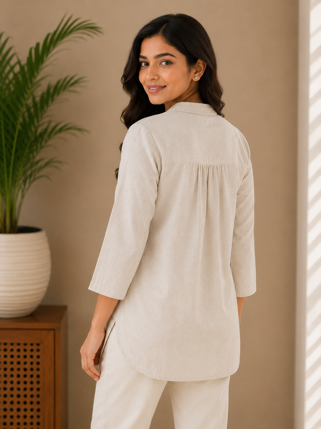 Beige Bloom Embroidery Shirt