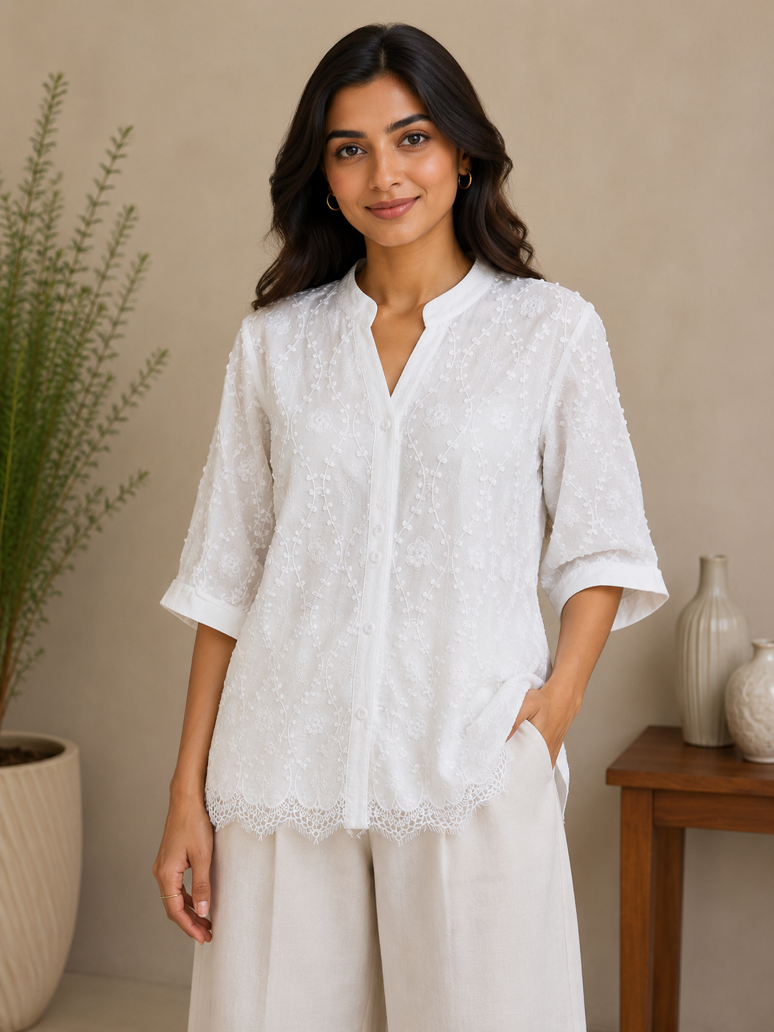 White Allover Embroidery Shirt