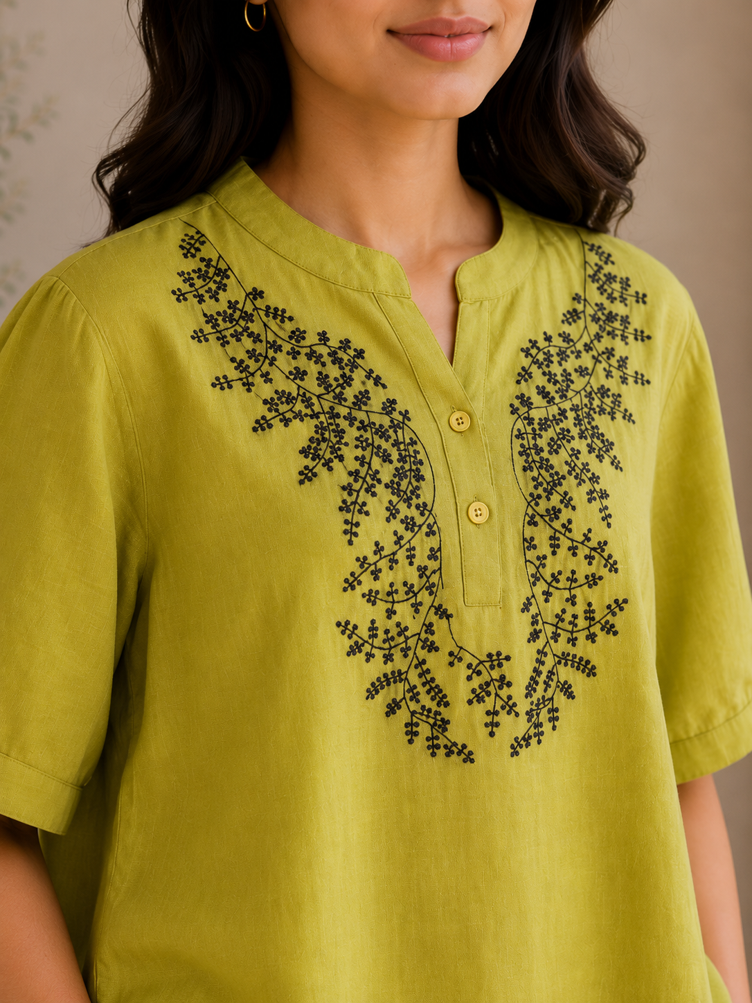 Green Brwon Embroidery Top