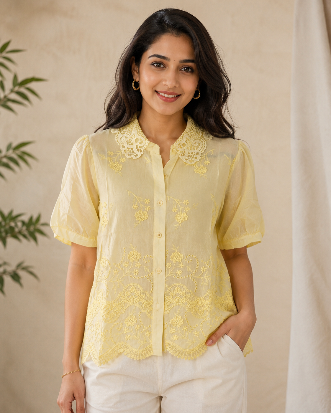Yellow Net Collared Shirt