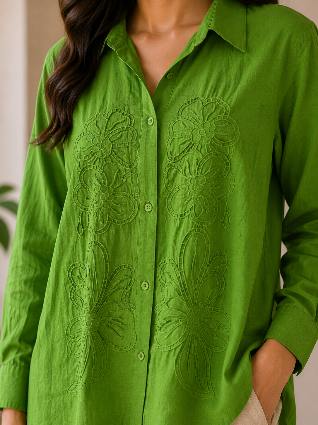 Dark Green Self Embroidery Shirt