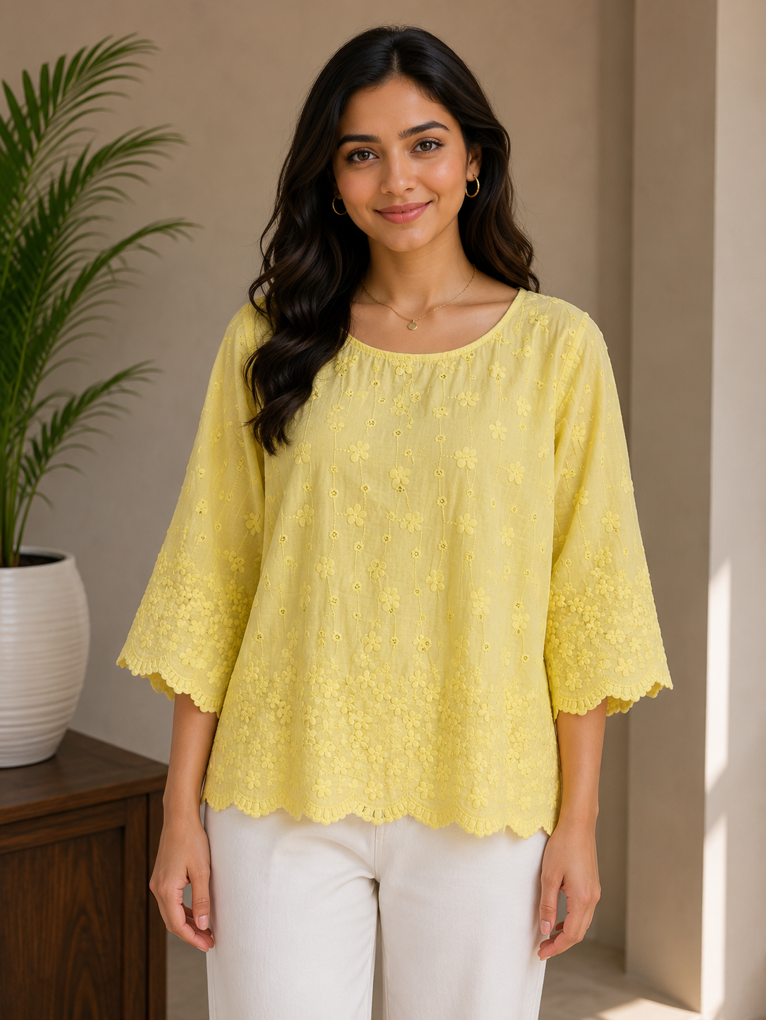 Milky Yellow Allover Embroidery Top