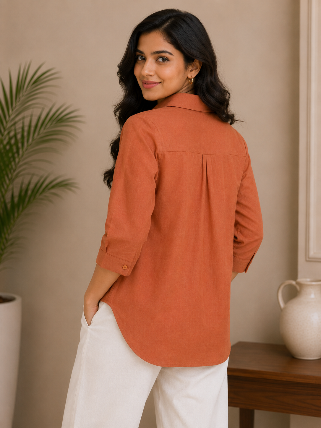 Rust Orange Heart Embroidery Shirt