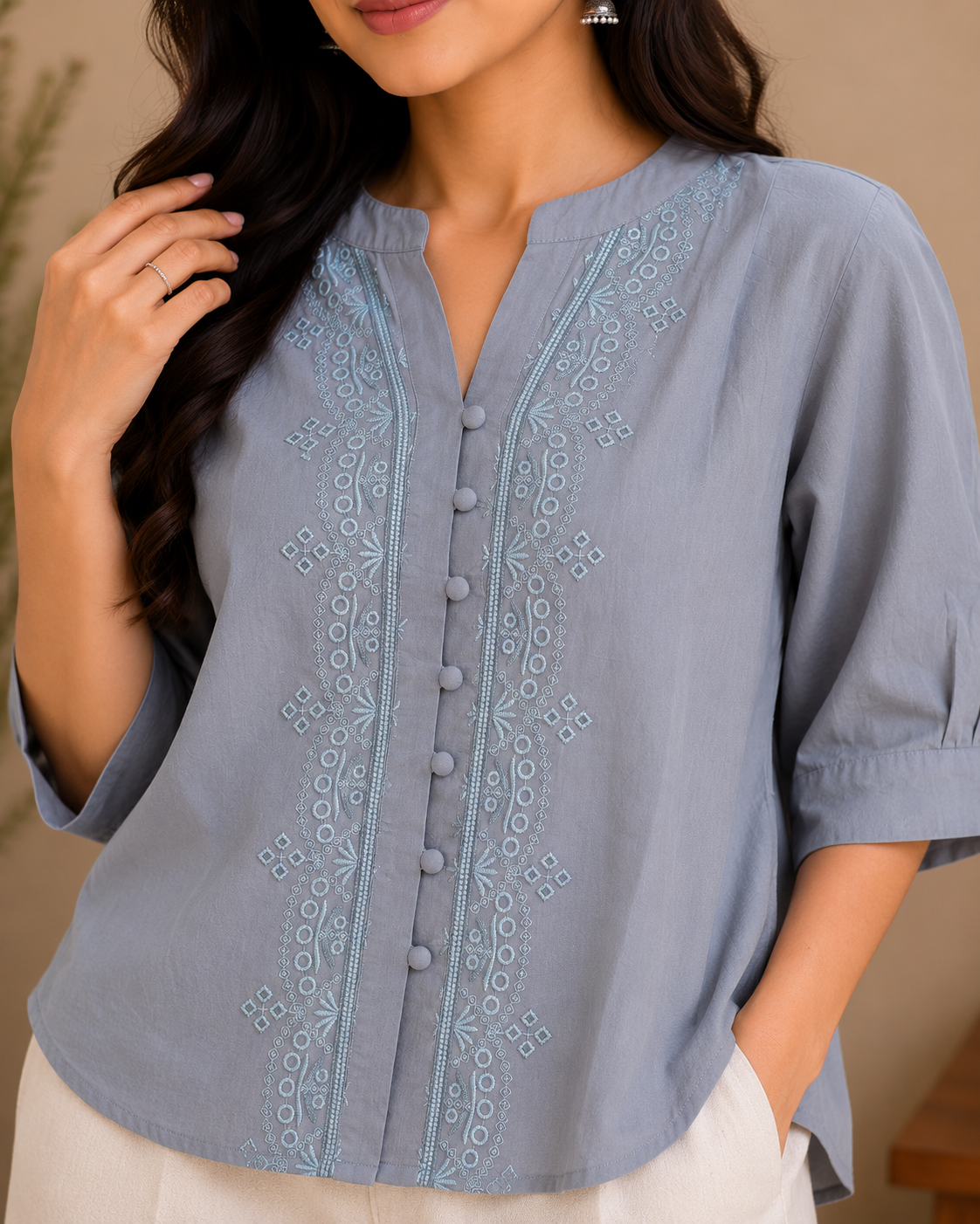 Slate Blue Thread Work Embroidery Shirt