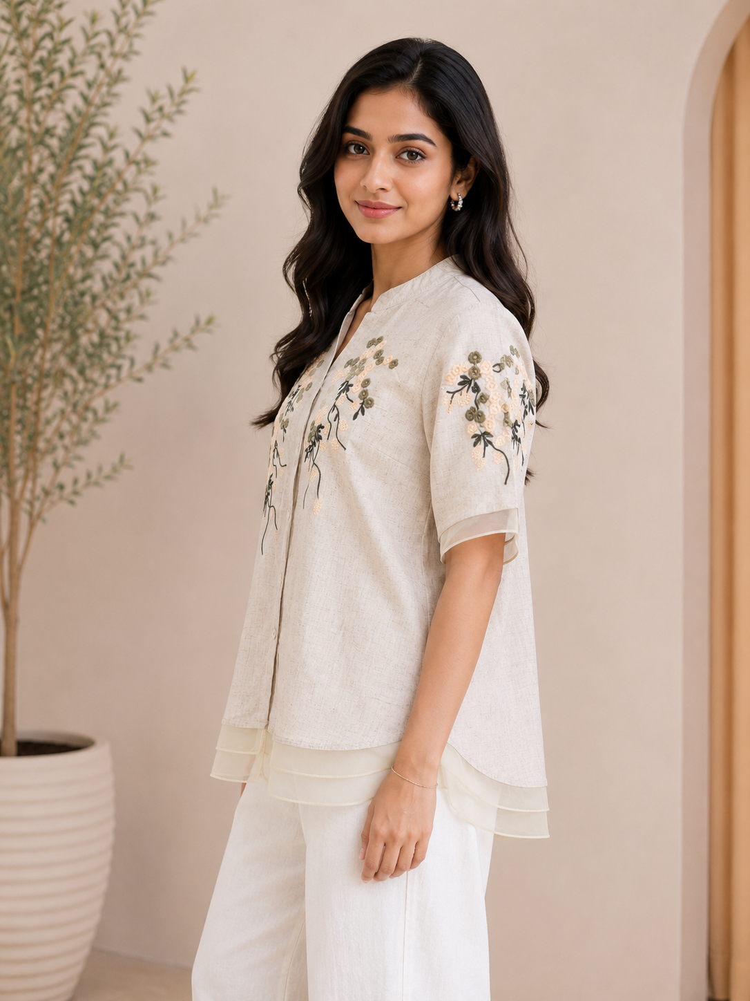 Beige Green Flower Embroidery Shirt