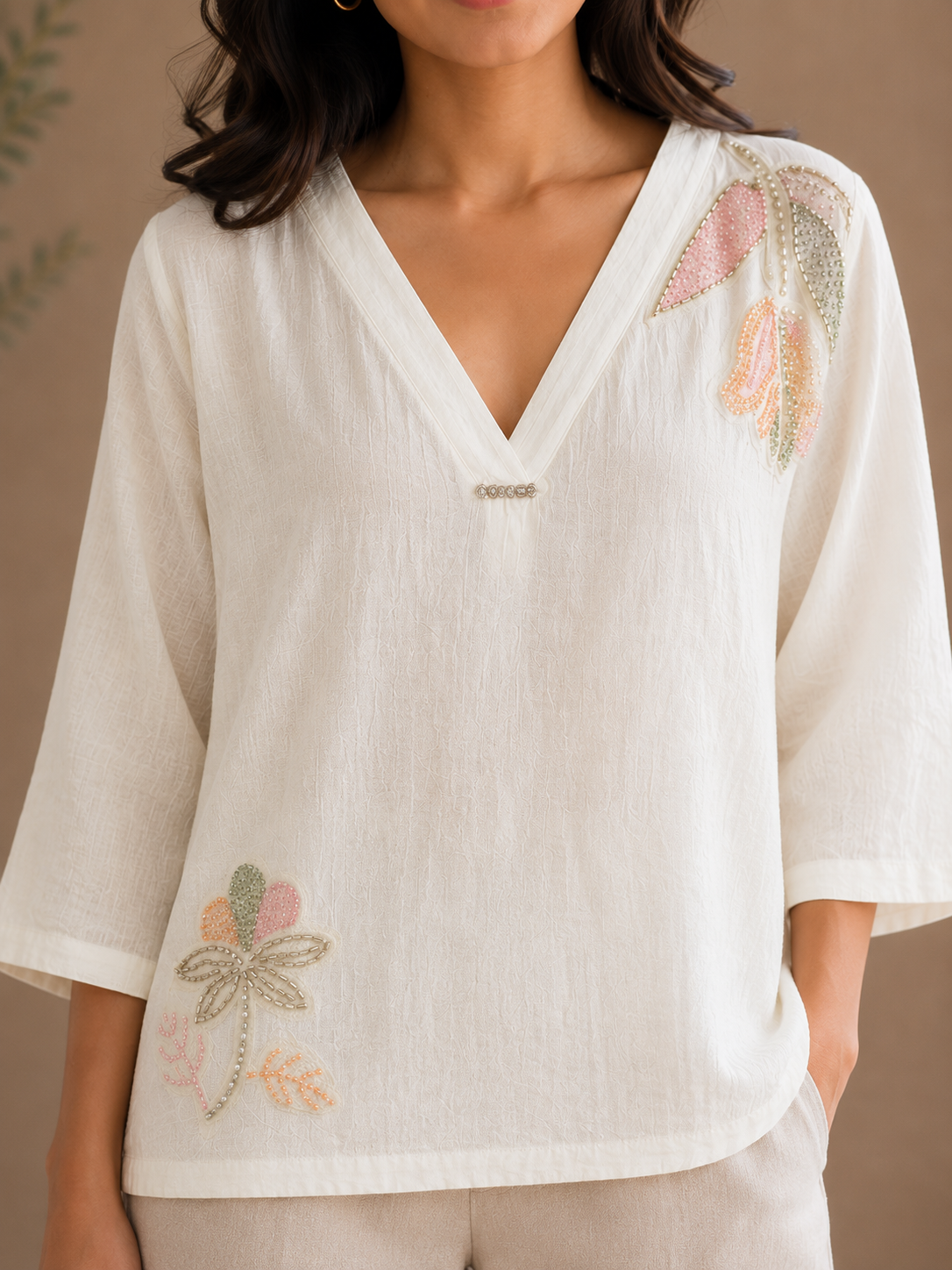 Pearl White V Neck Top
