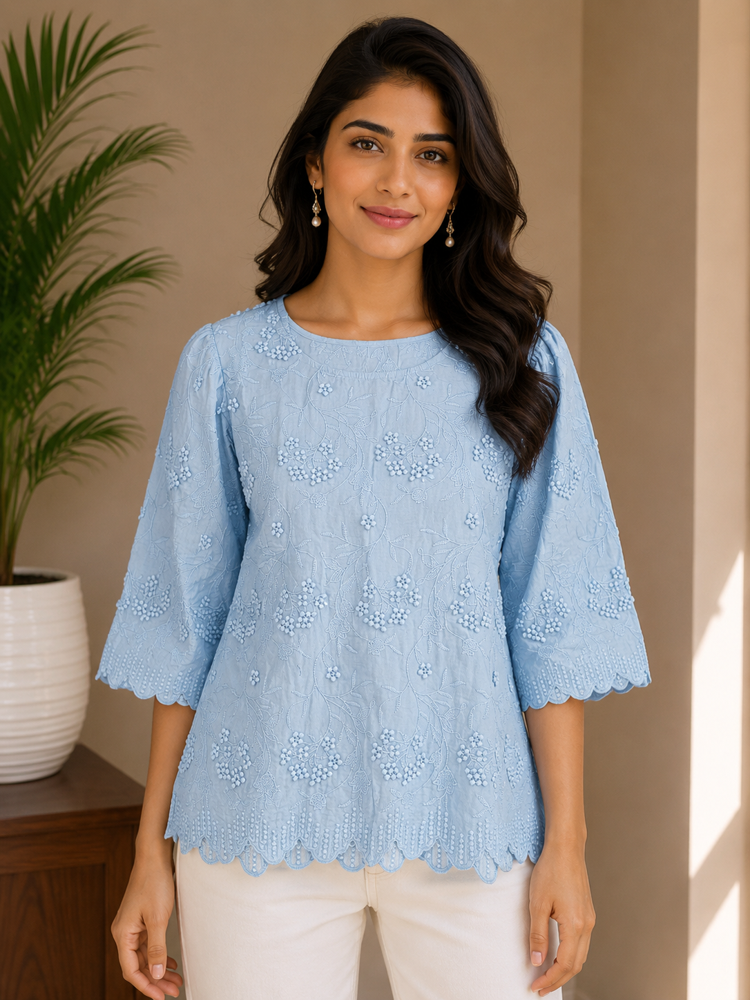 Sky Blue Allover Embroidery Top