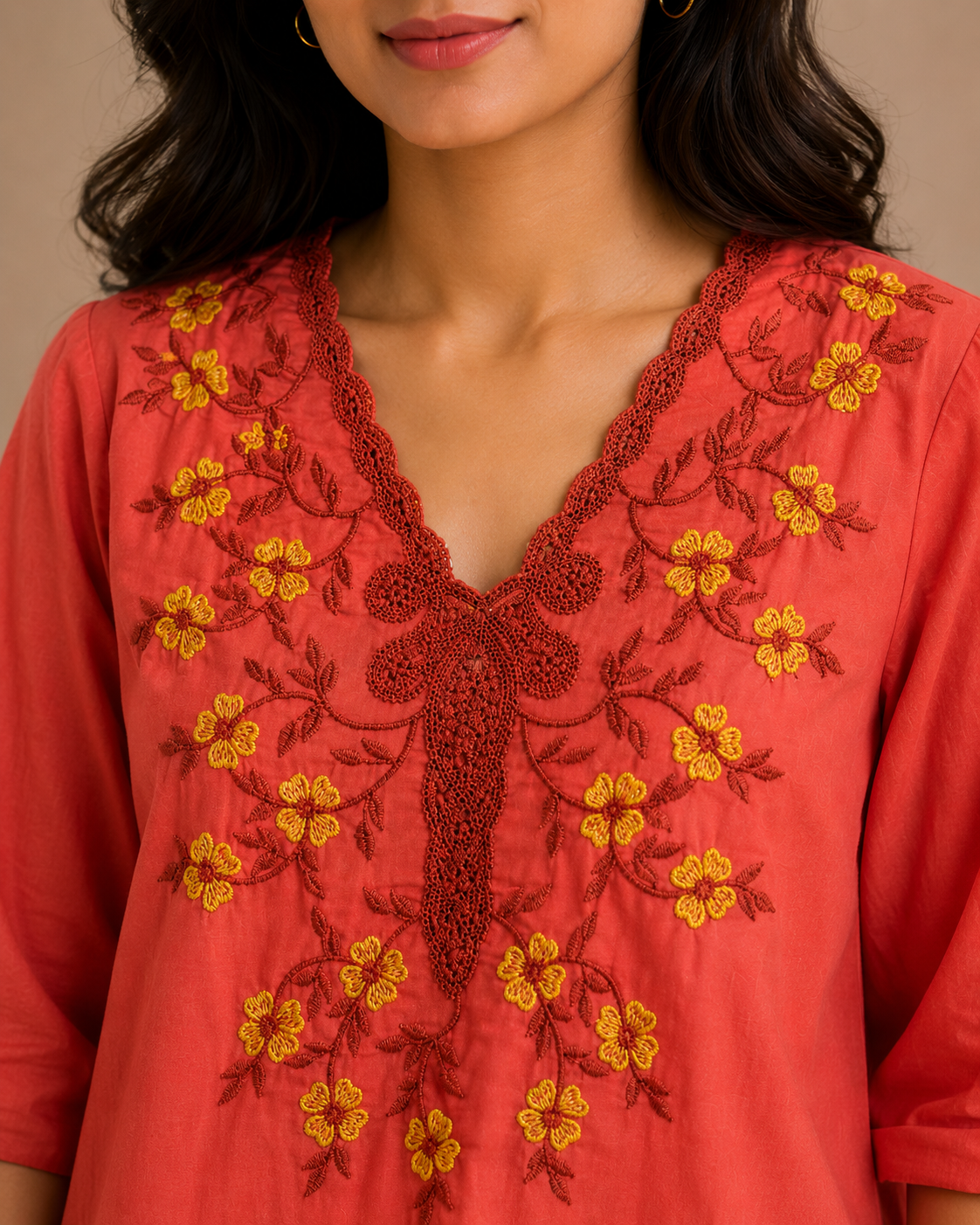 Brick Red Flower Embroidery Top