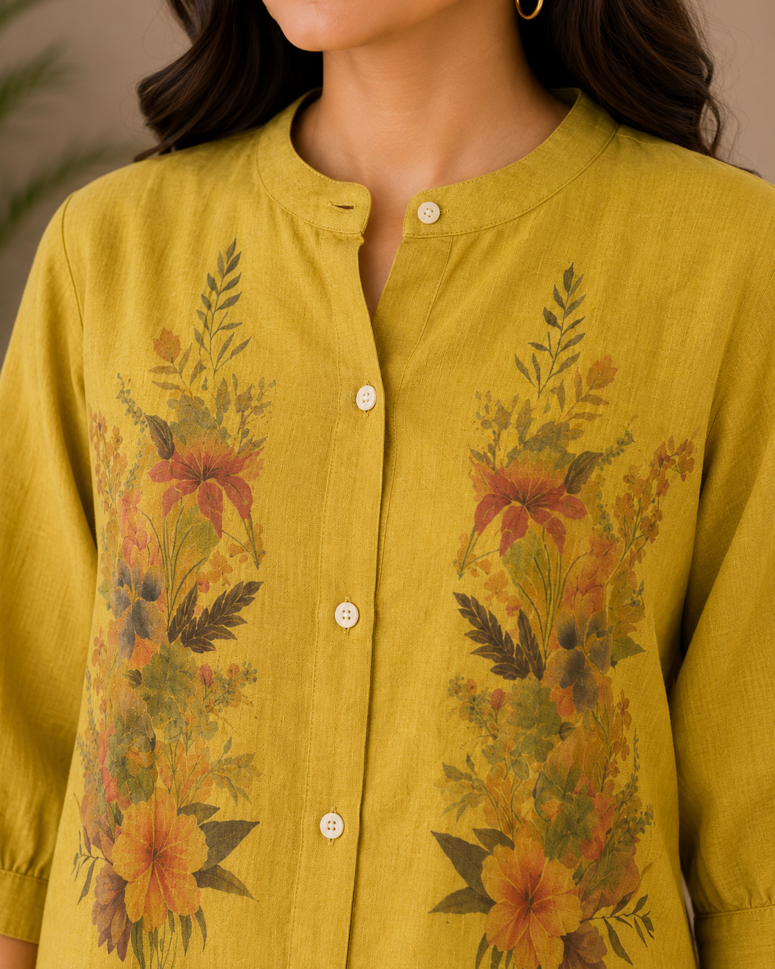 Dusty Yellow Printed Linen Shirt