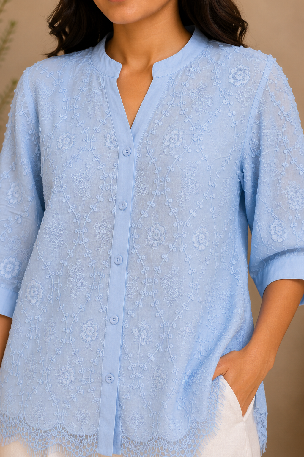 Sky Blue Allover Embroidery Shirt