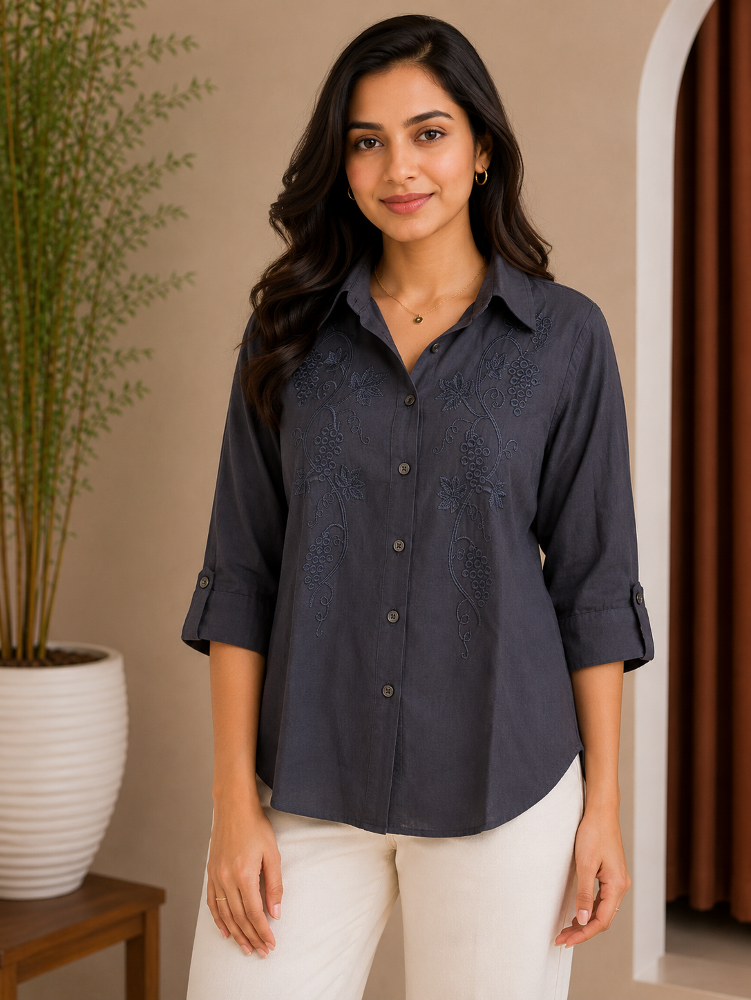Dark Blue Self Embroidery Shirt