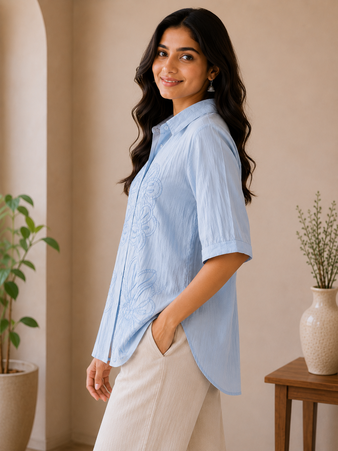 Light Blue Self Embroidery Shirt