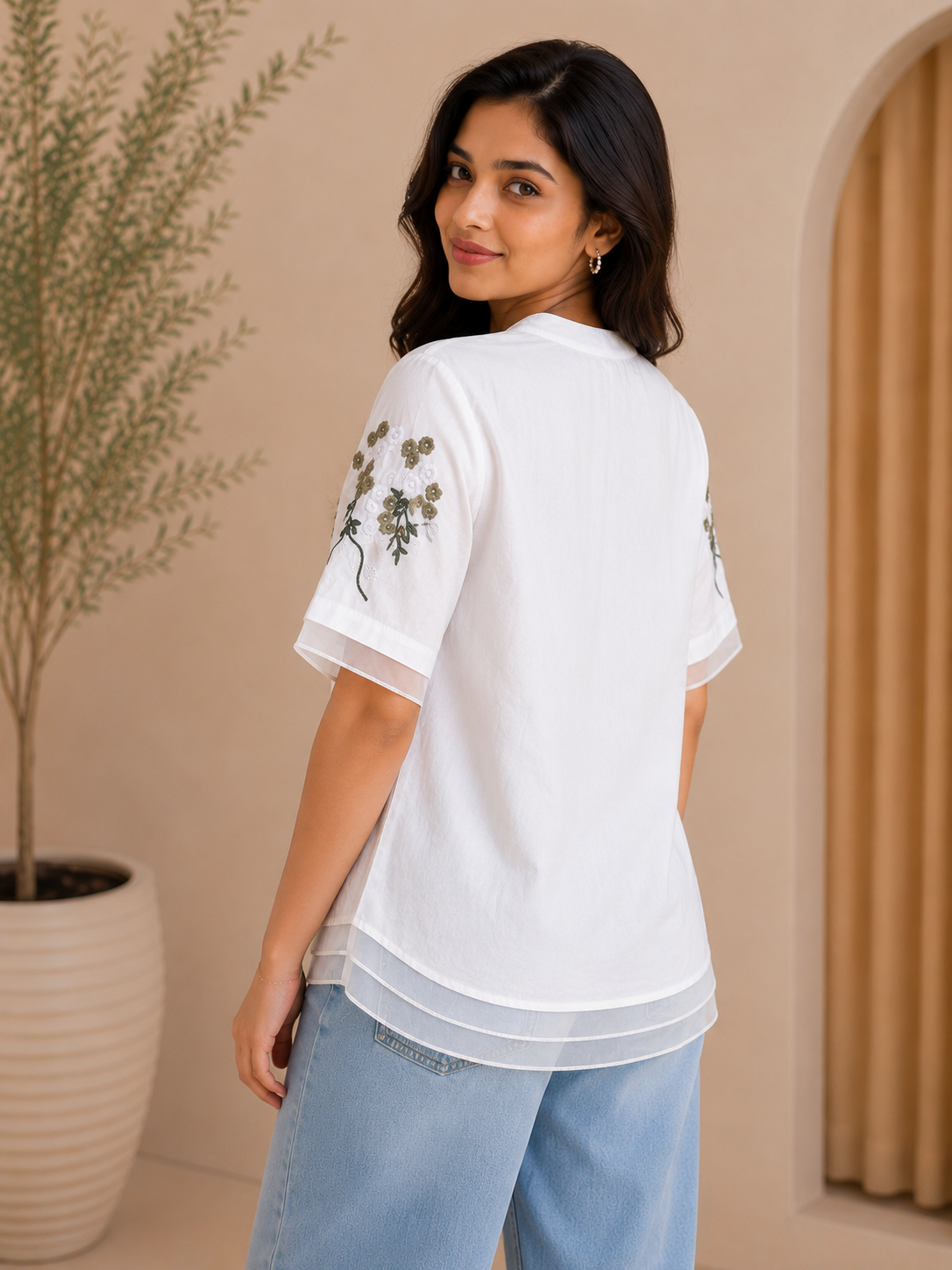 White Green Flower Embroidery Shirt
