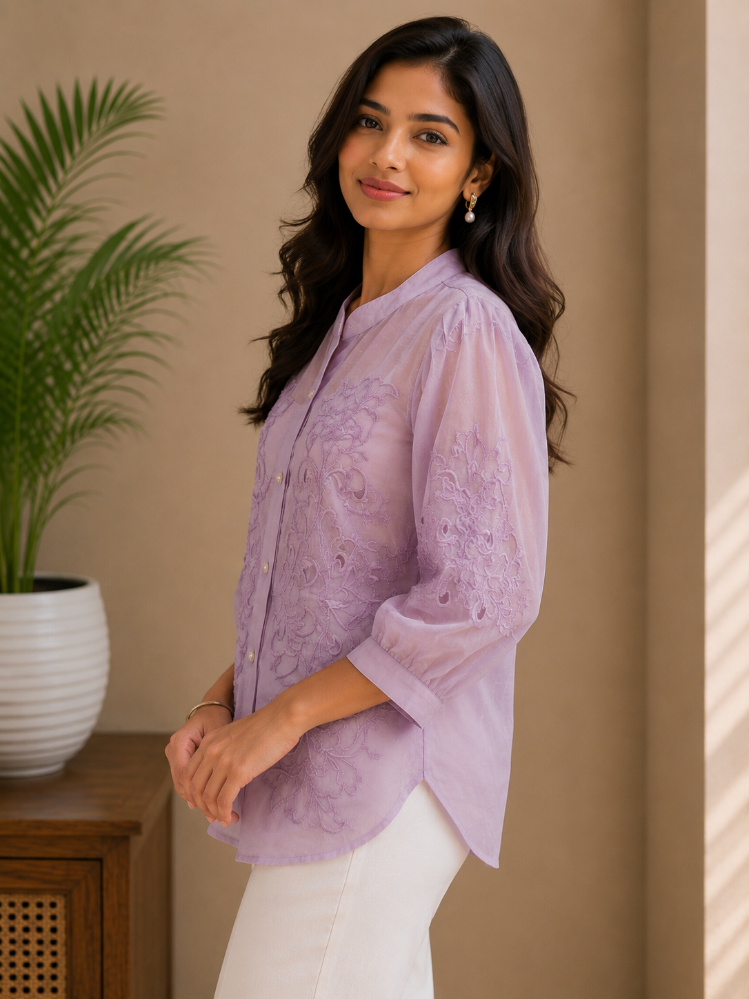 Mauve Cut Work Organza Shirt