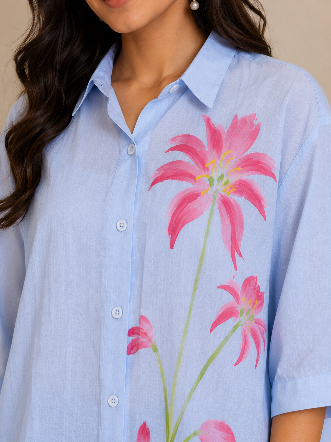Skyblue Pink Flower Print Shirt