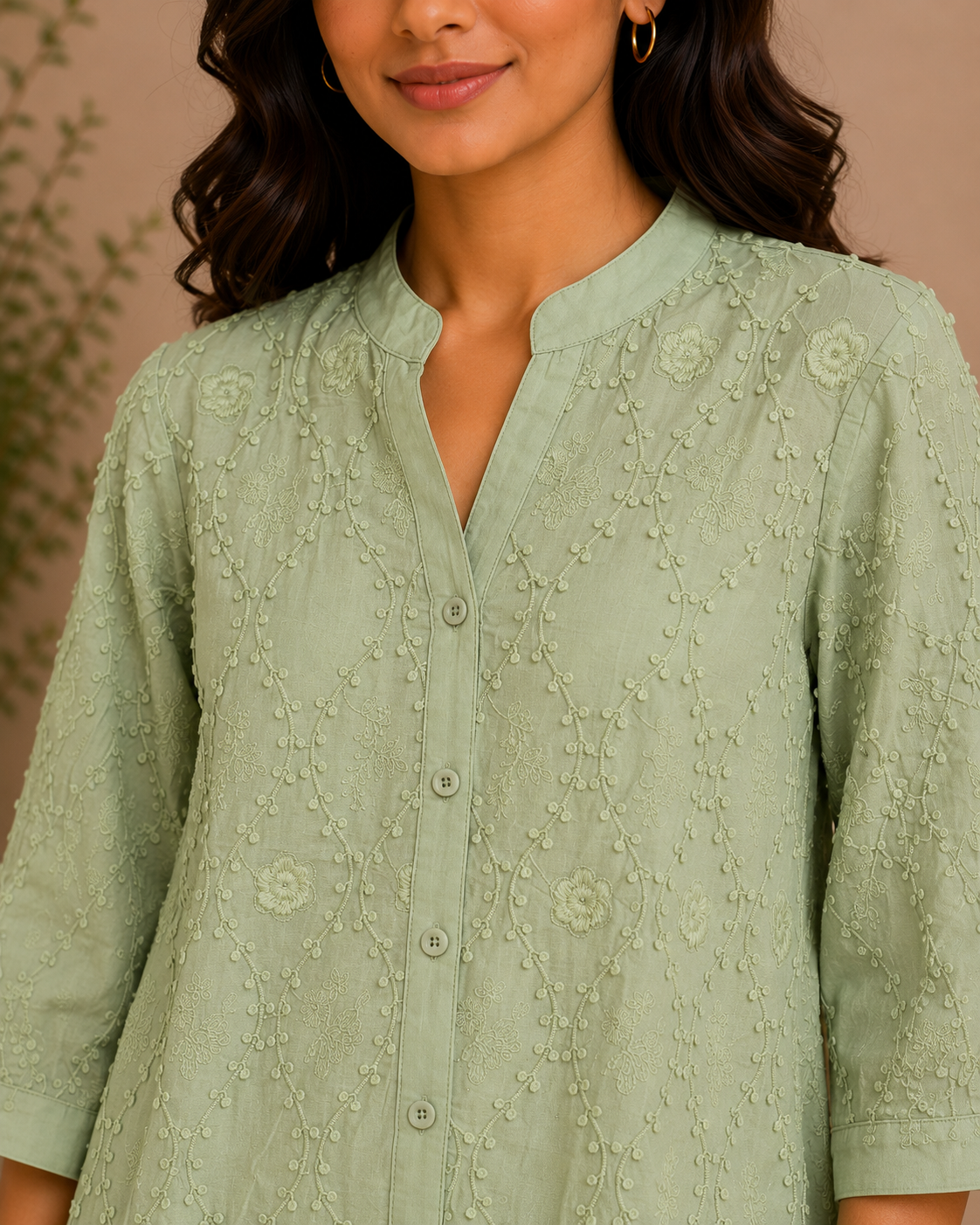 Dusty Green Allover Embroidery Shirt