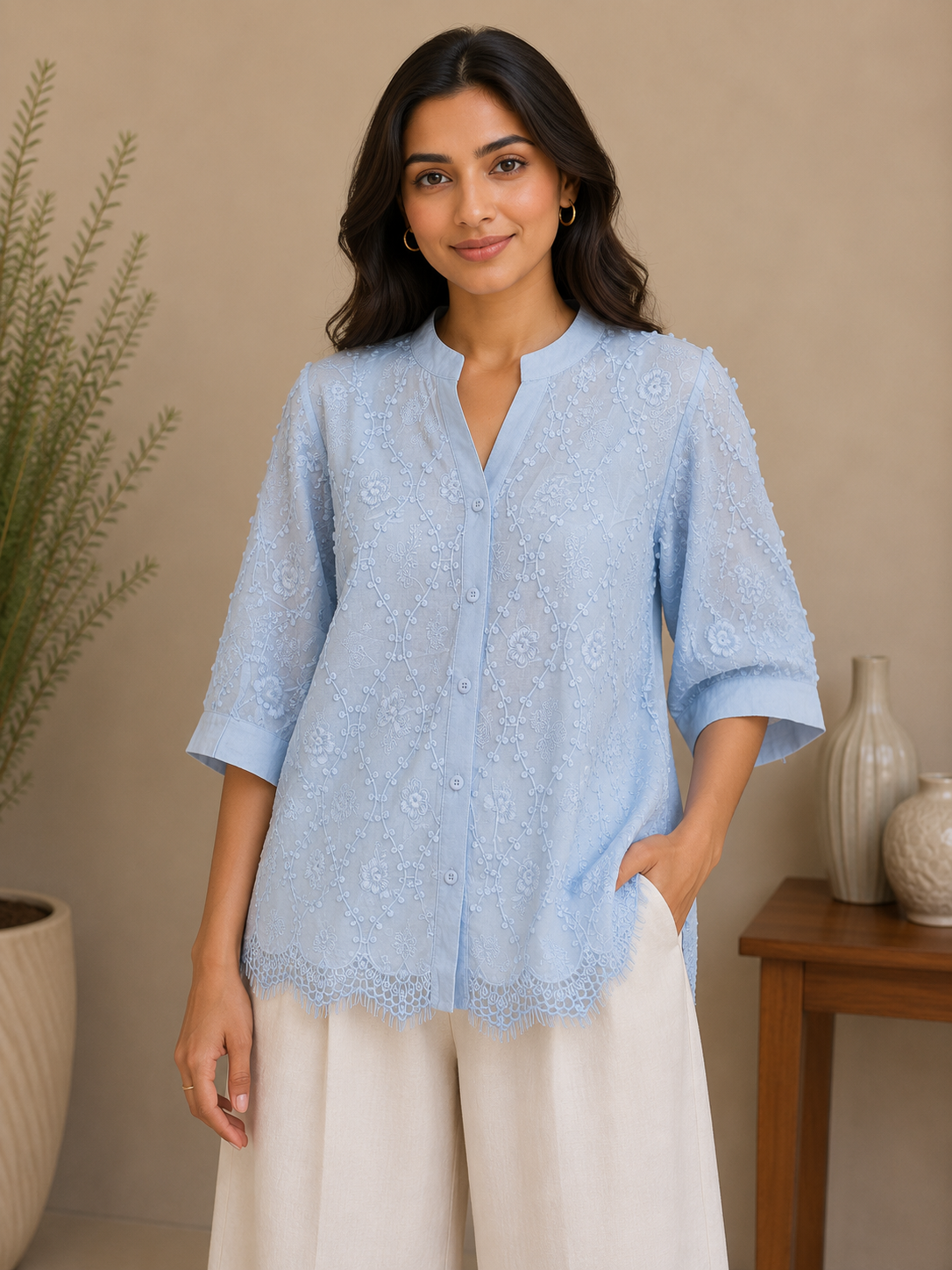 Sky Blue Allover Embroidery Shirt