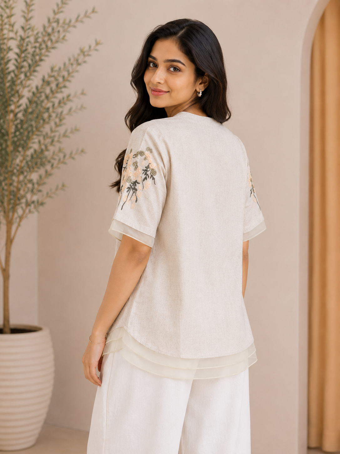 Beige Green Flower Embroidery Shirt