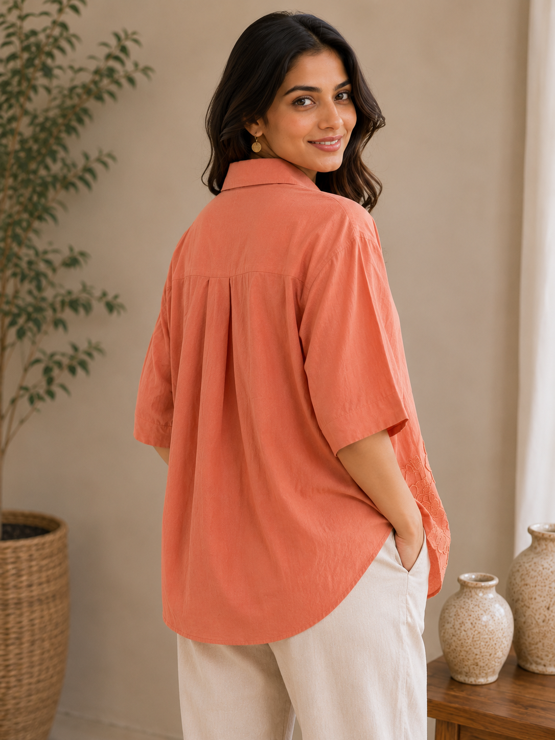 Brick Red Embroidery Shirt