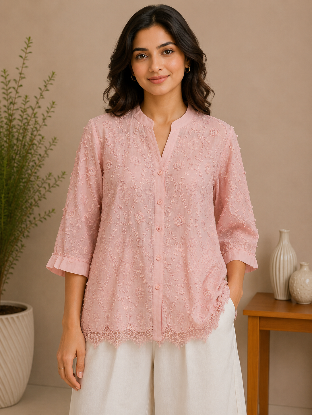 Blush Pink Allover Embroidery Shirt