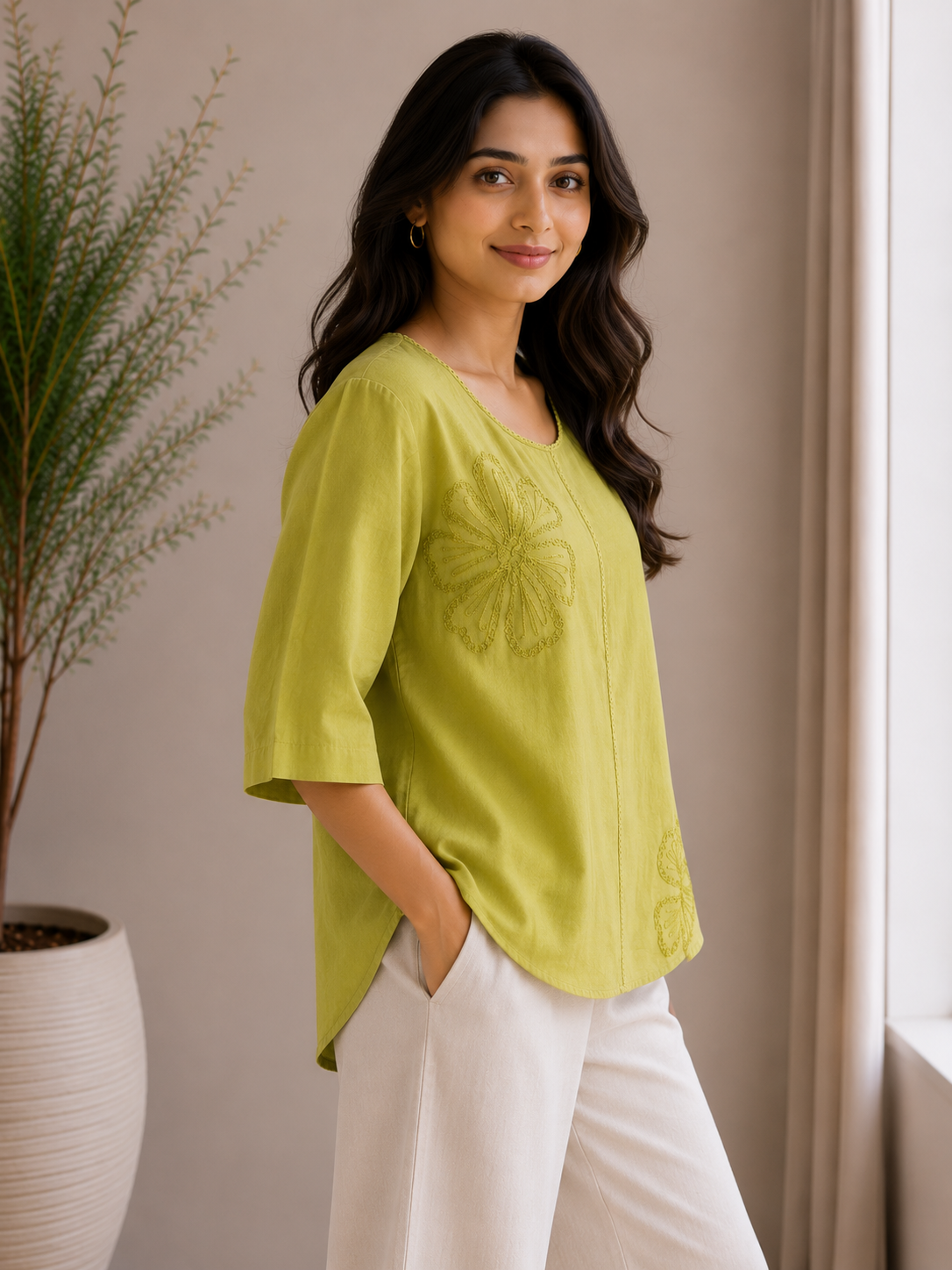Light Green Flower Embroidery Top