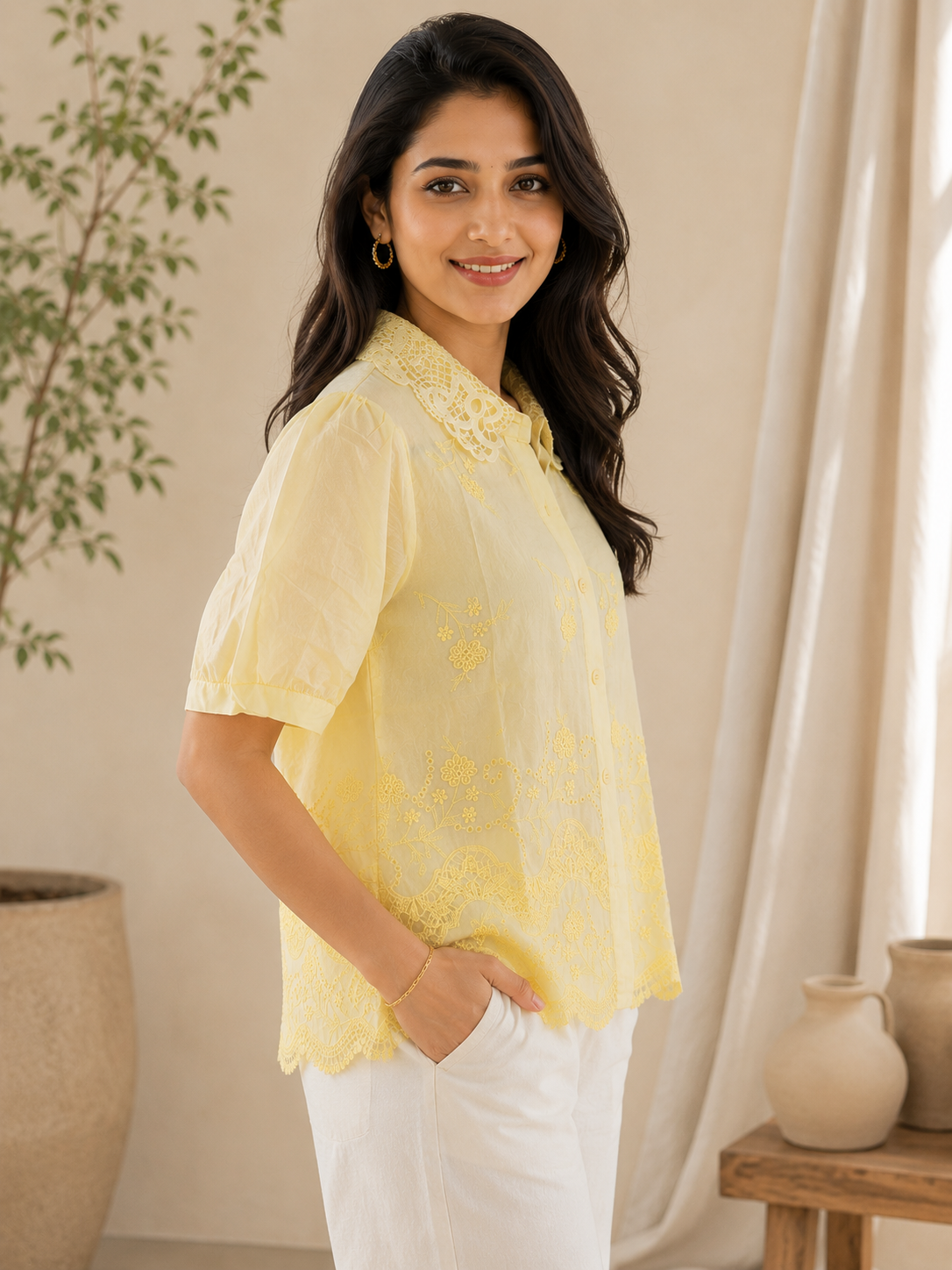 Yellow Net Collared Shirt