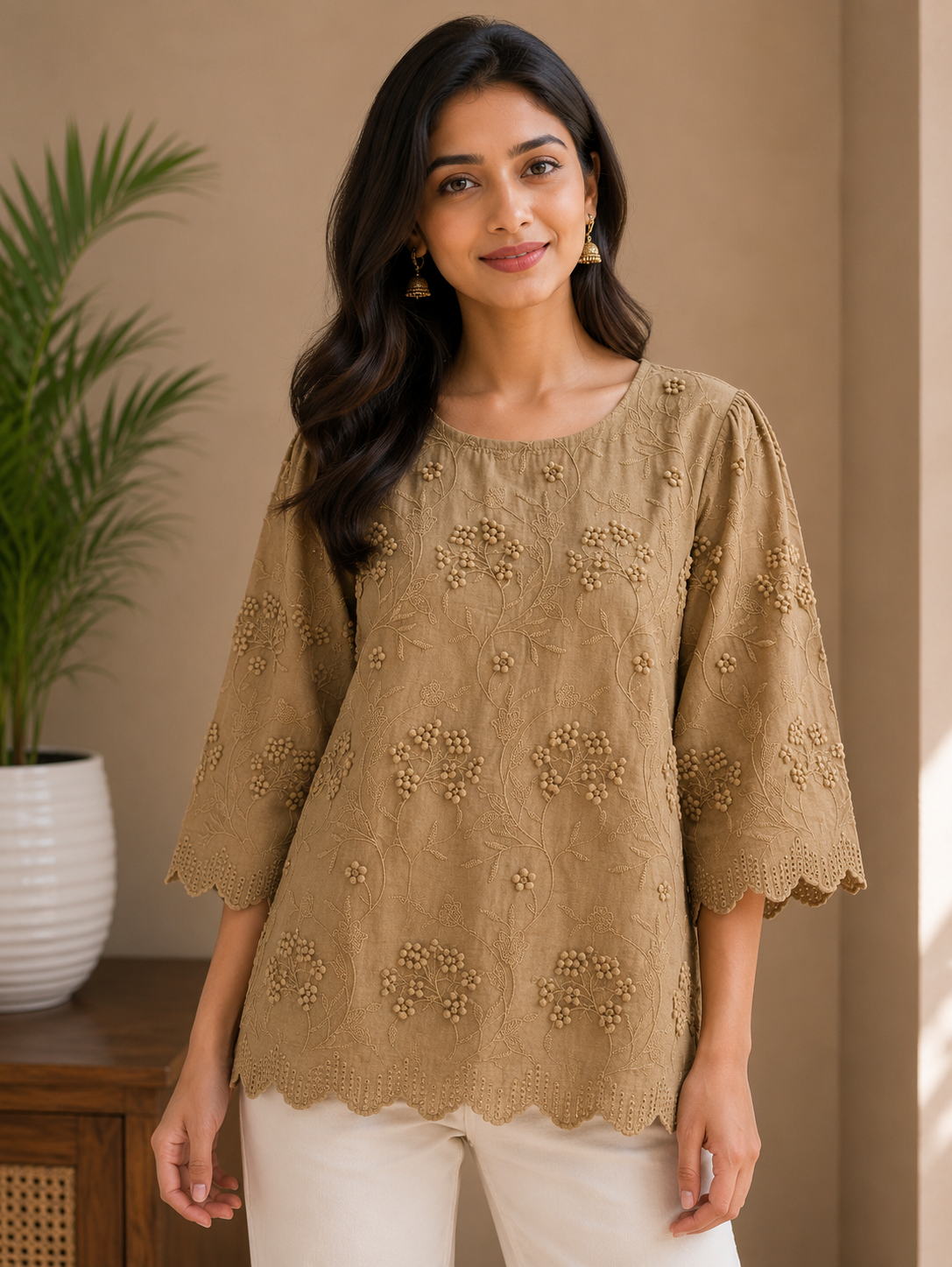 Coco Brown Allover Embroidery Top