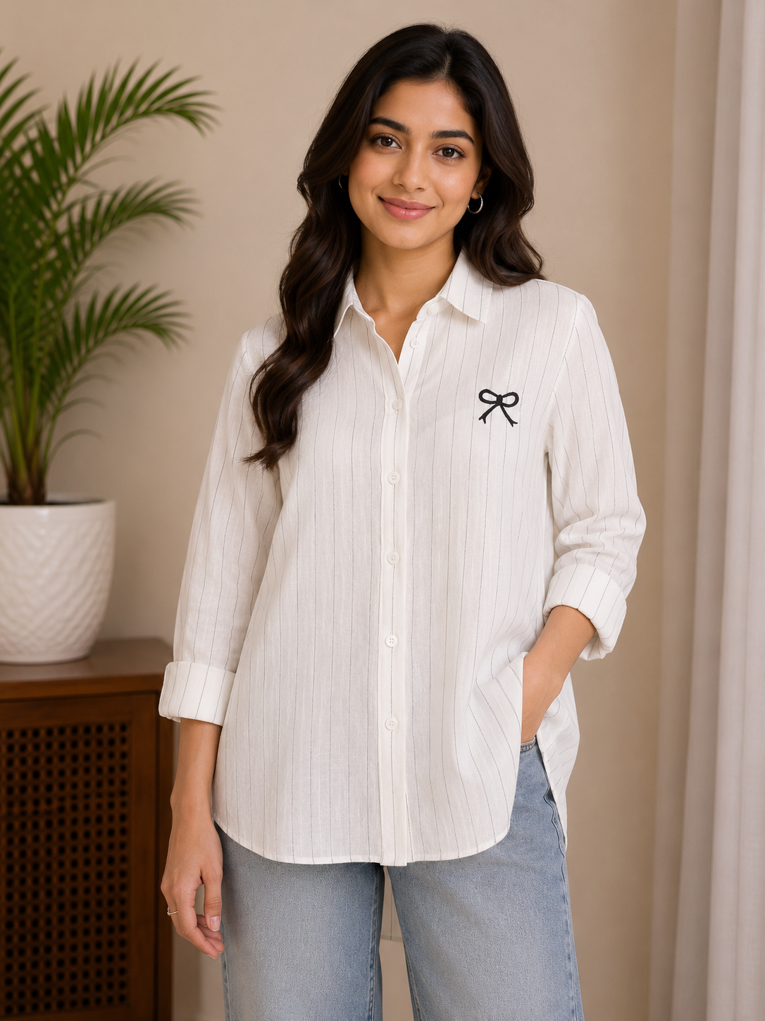Cream White Lining Bow Shirt