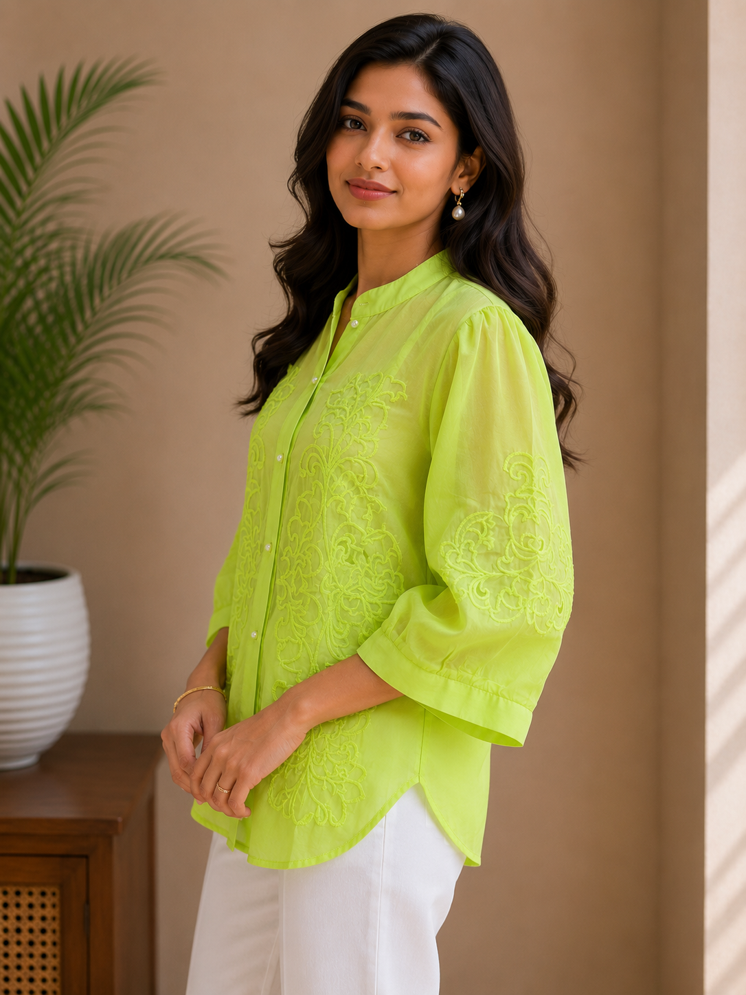 Florescent Green Cut Work Organza Shirt
