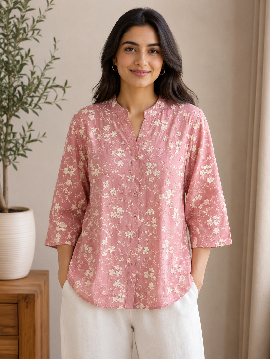 Dusky Rose Allover Embroidery Shirt