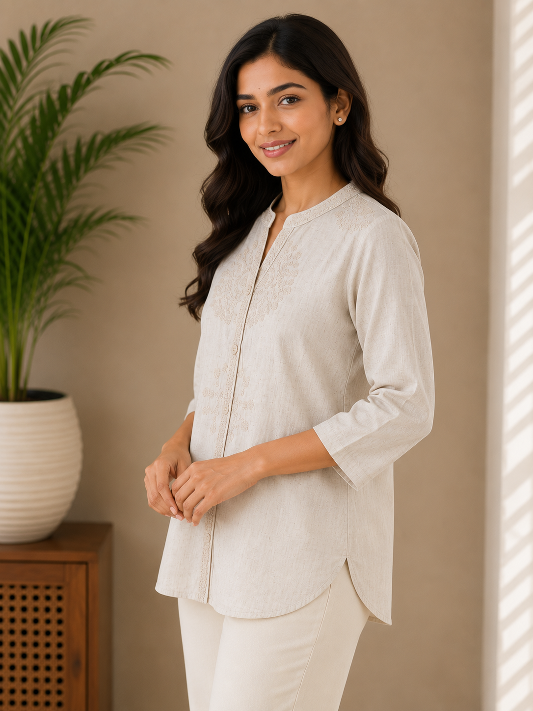 Beige Bloom Embroidery Shirt