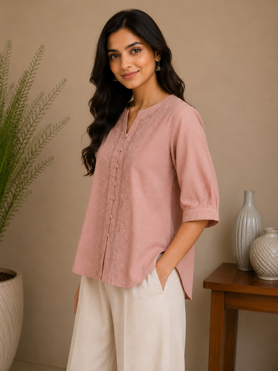Dusty Pink Thread Work Embroidery Shirt