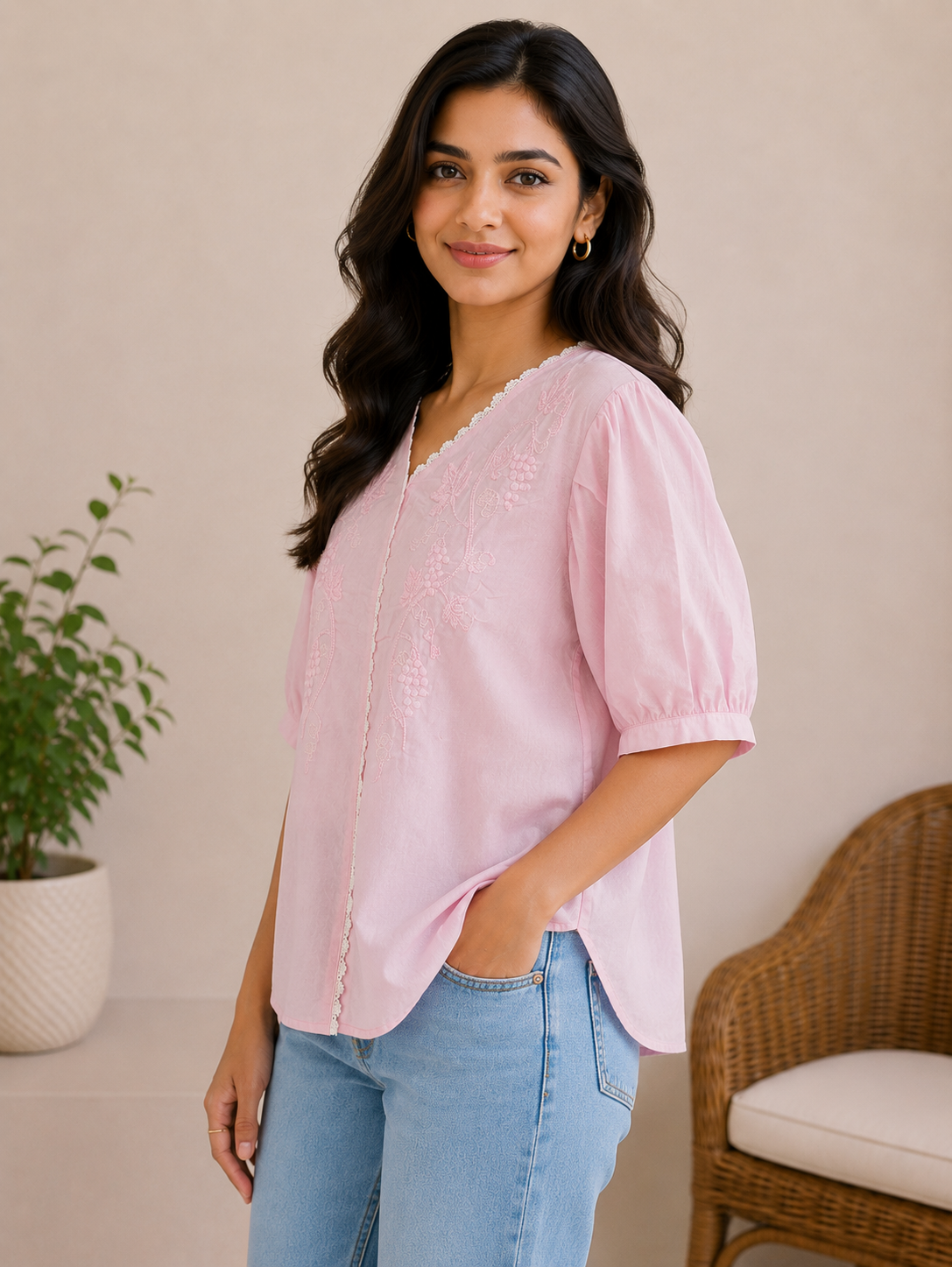 Blush Pink Flower Embroidery Top
