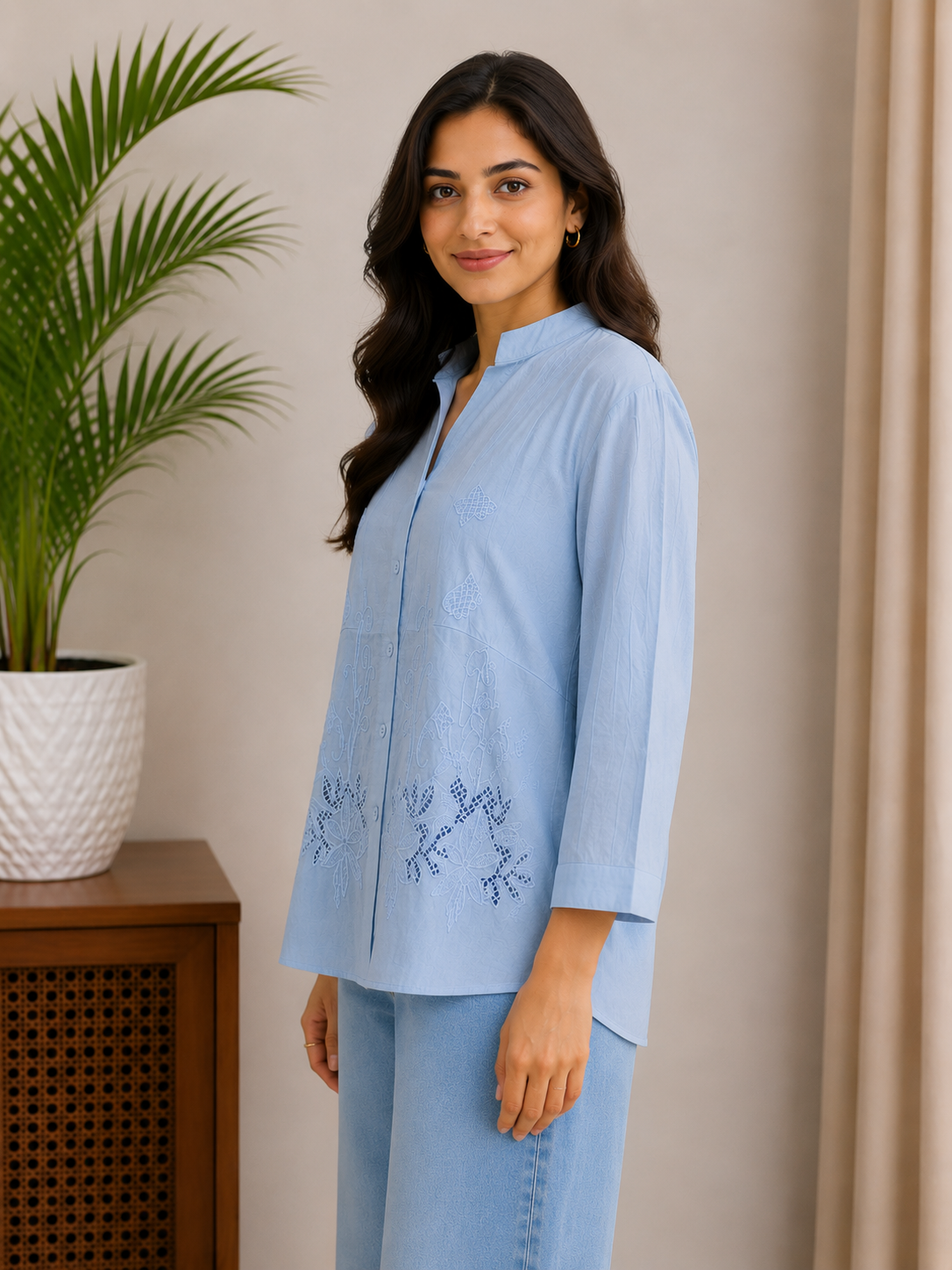 Dusty Blue Cutwork Shirt