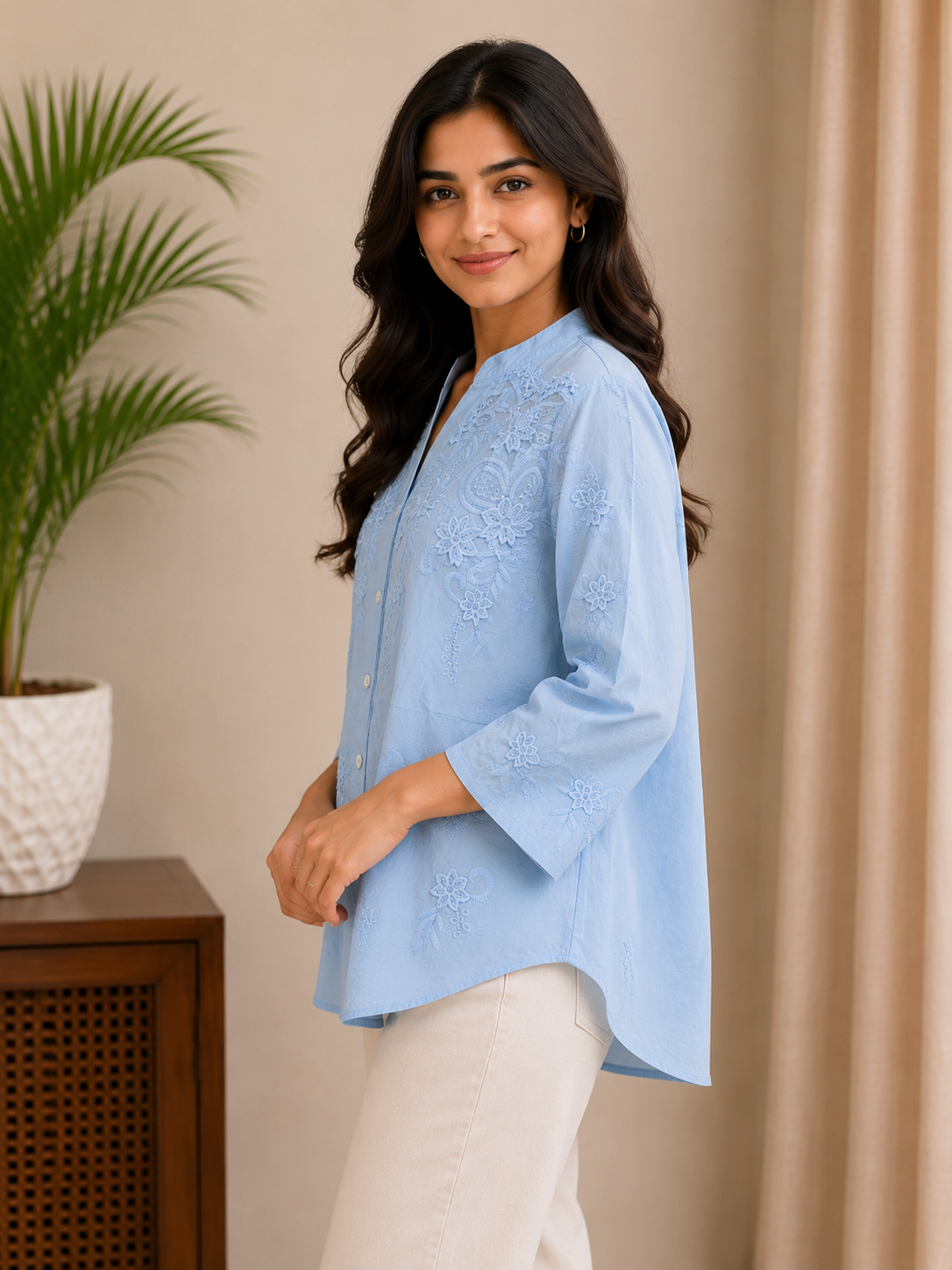 Blue Sequin Flower Shirt
