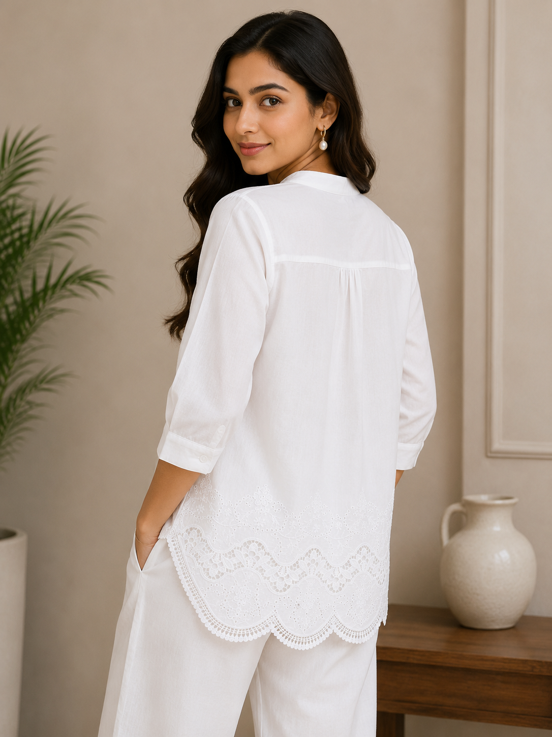 White Chinese Collar Shirt