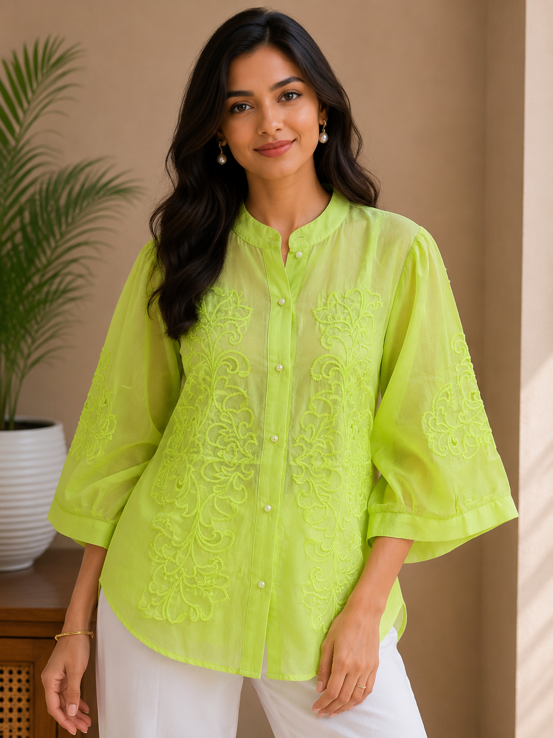 Florescent Green Cut Work Organza Shirt
