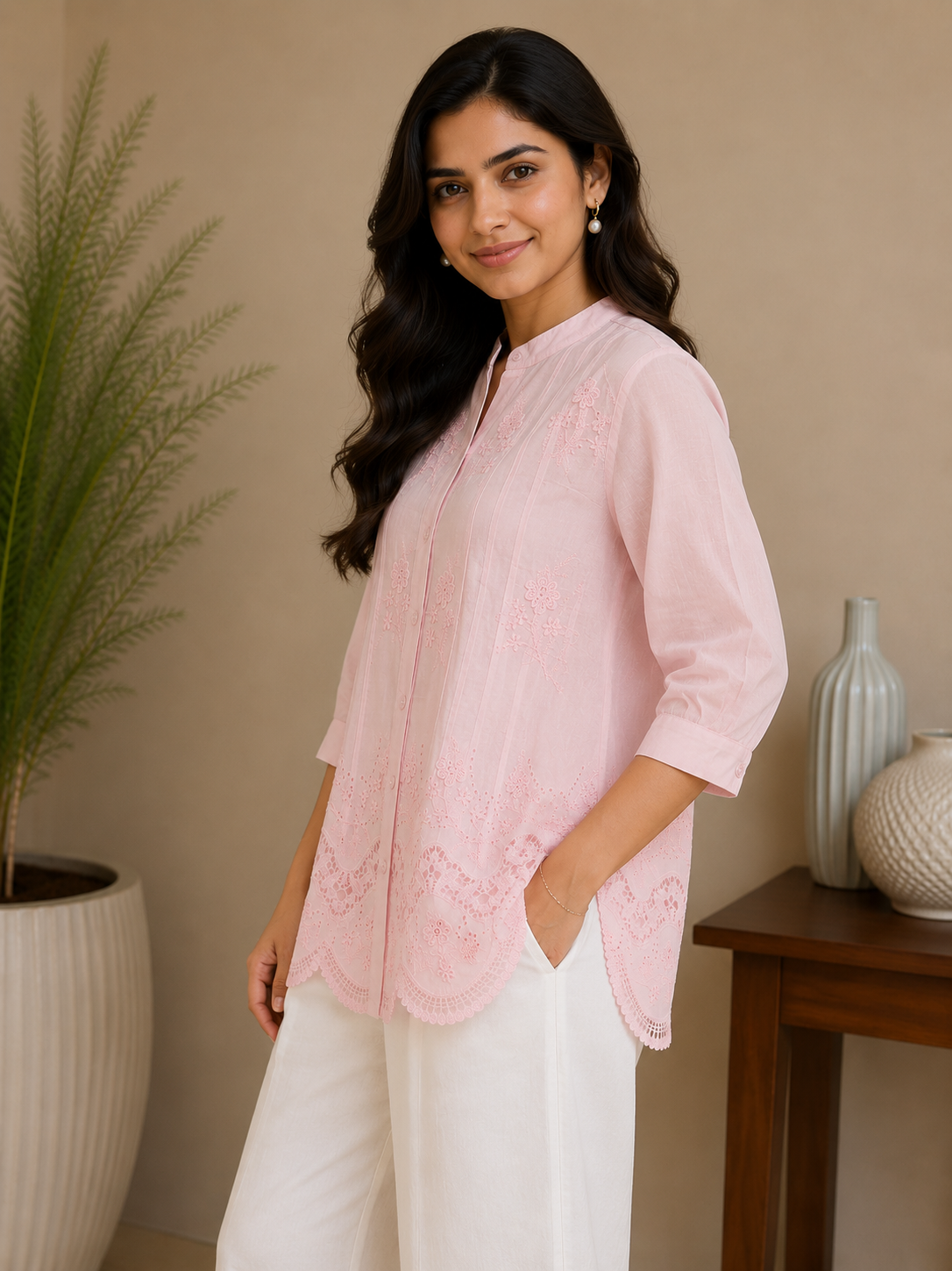 Baby Pink Chinese Collar Shirt