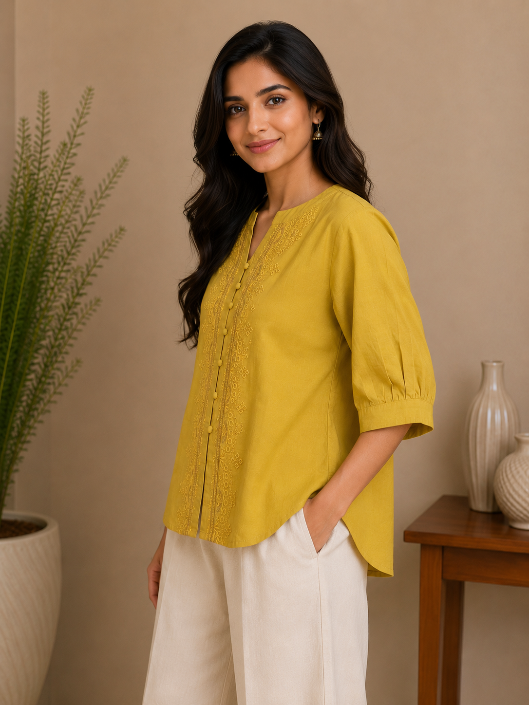 Yellow Thread Work Embroidery Shirt