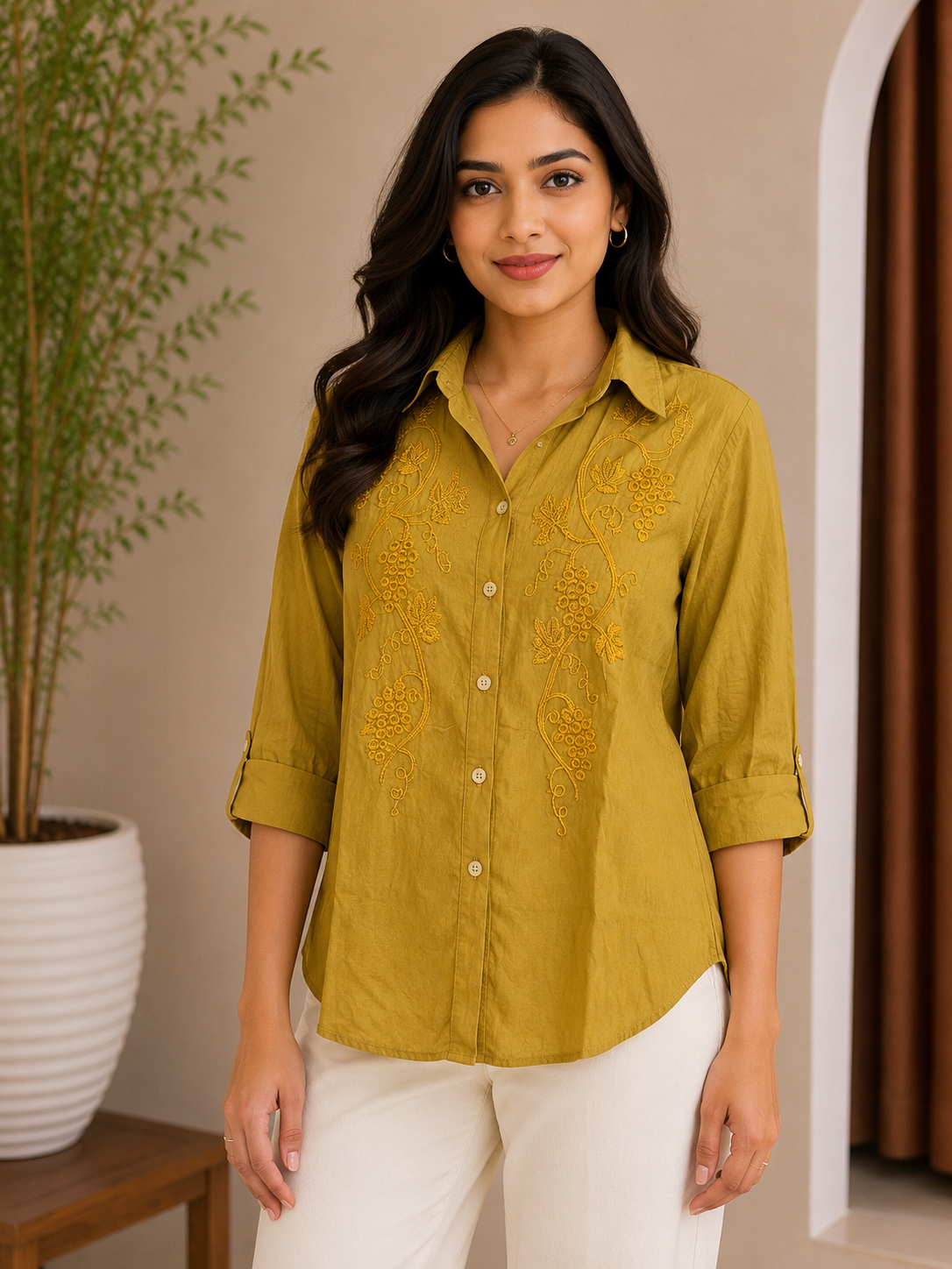 Mahendi Green Self Embroidery Shirt
