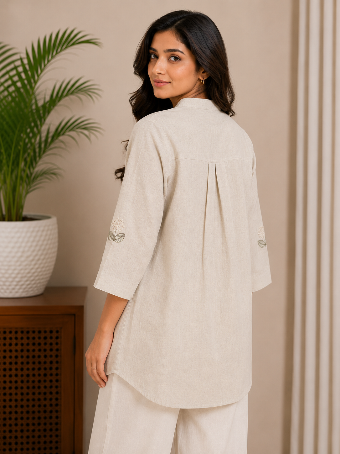 Beige Leaf Embroidery Shirt